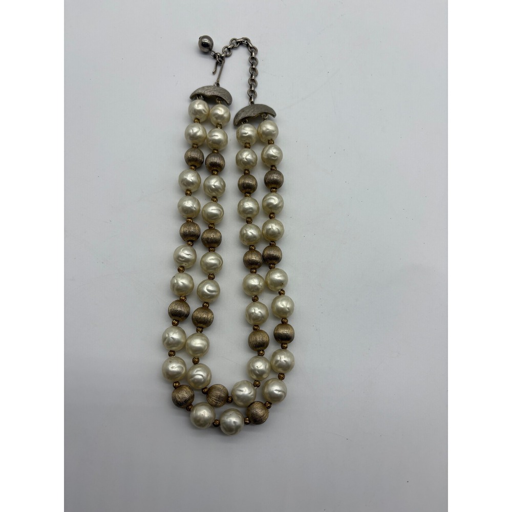 Vintage Double Strand Faux Pearl and Textured‎ Gold Bead Necklace J881